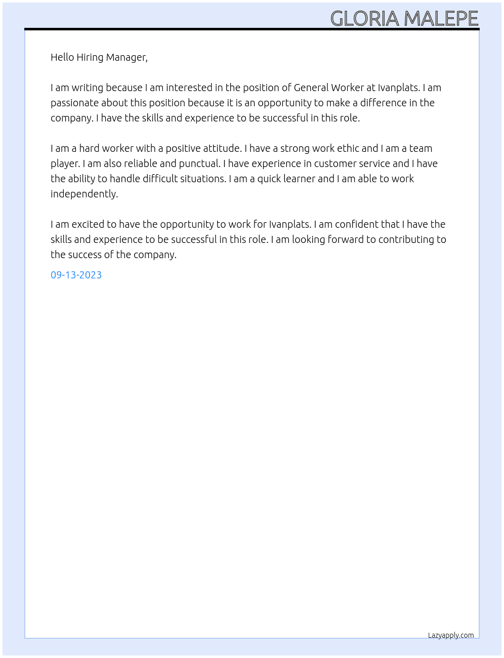 General worker At Ivanplats  Cover Letter