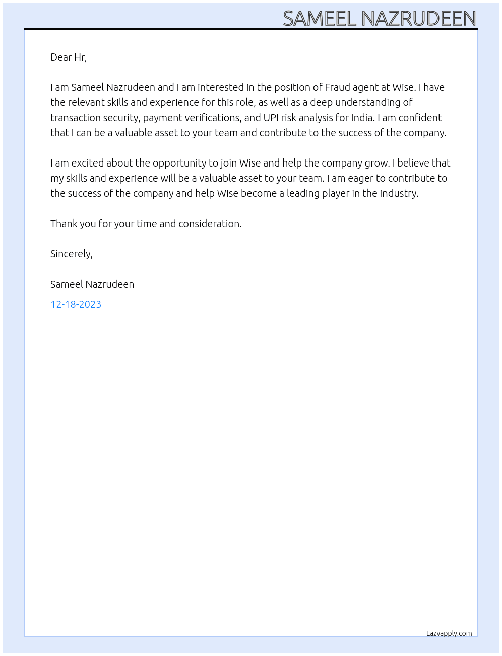 Fraud agent  At Wise  Cover Letter