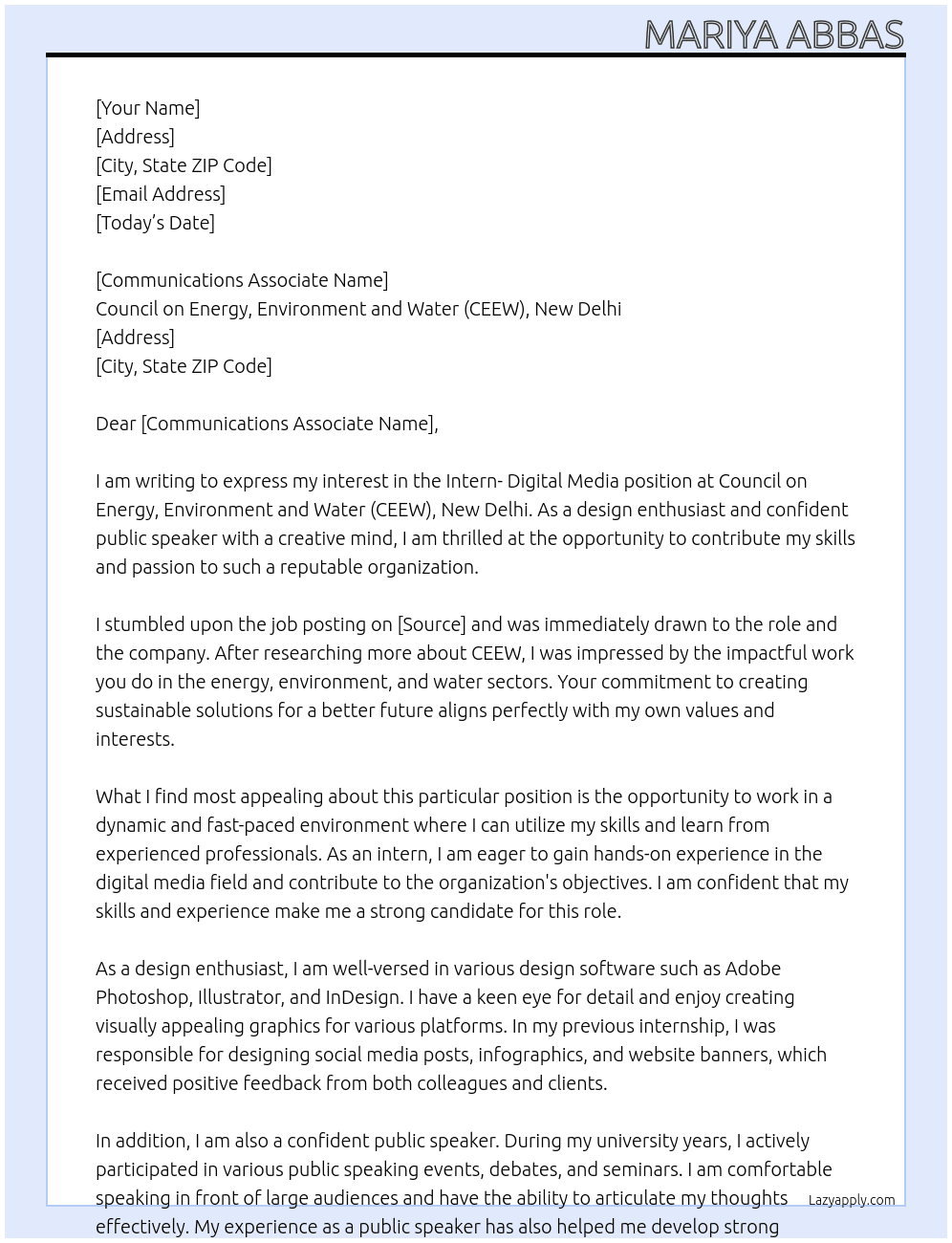 Cover letter for intern- digital media - LazyApply
