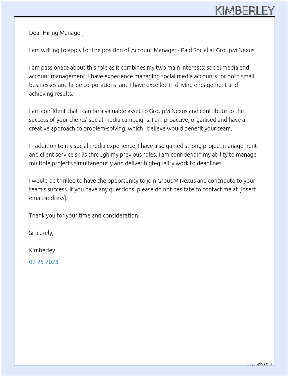 Account Manager - Paid Social At GroupM Nexus Cover Letter