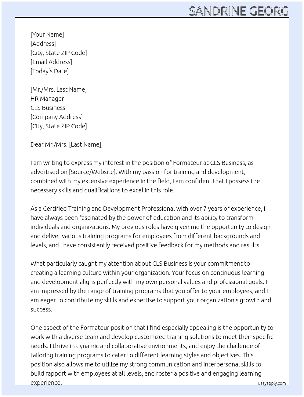 Formateur  At CLS business  Cover Letter