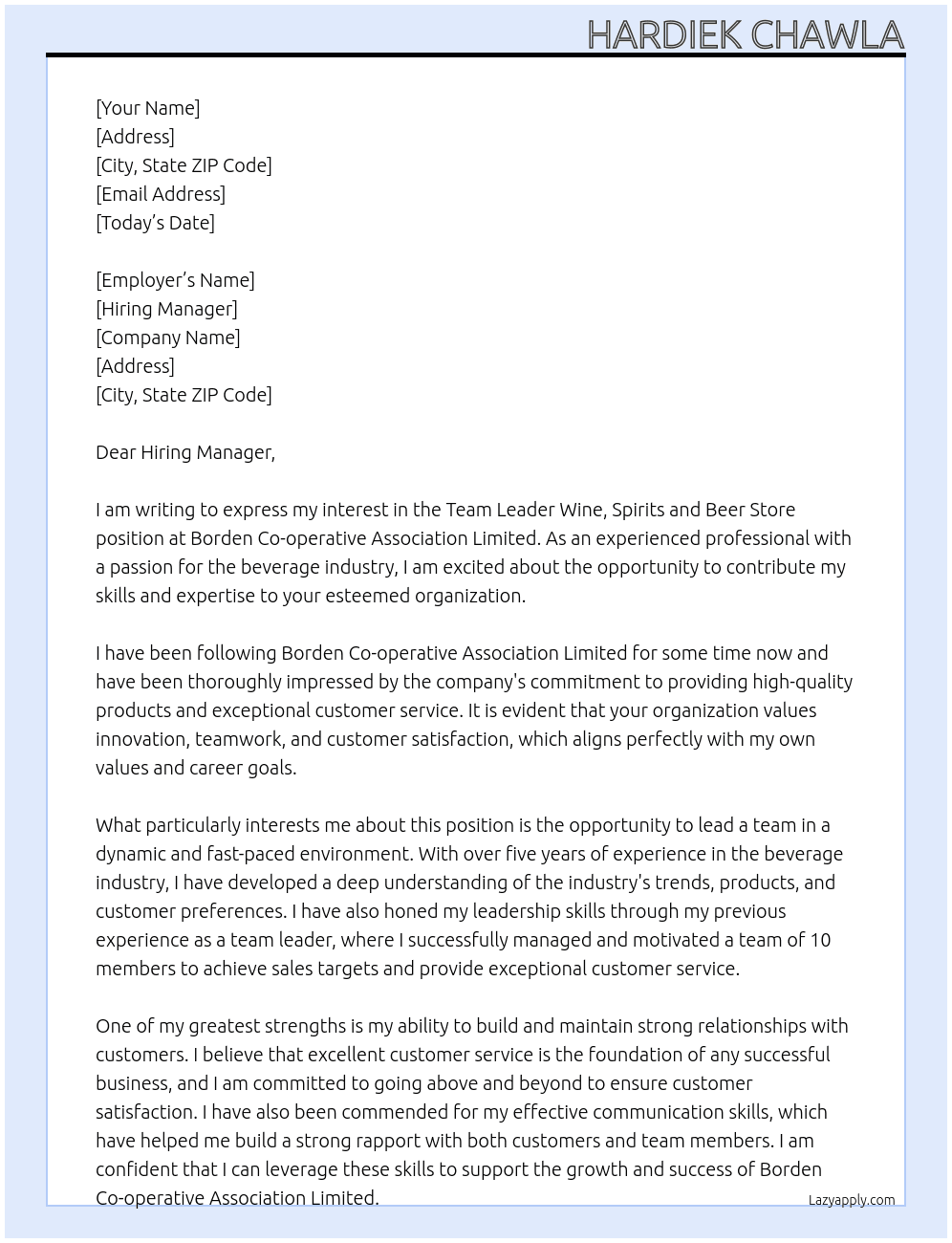 Team Leader Wine, Spirits and Beer Store At Borden Co-operative Association Limited Cover Letter