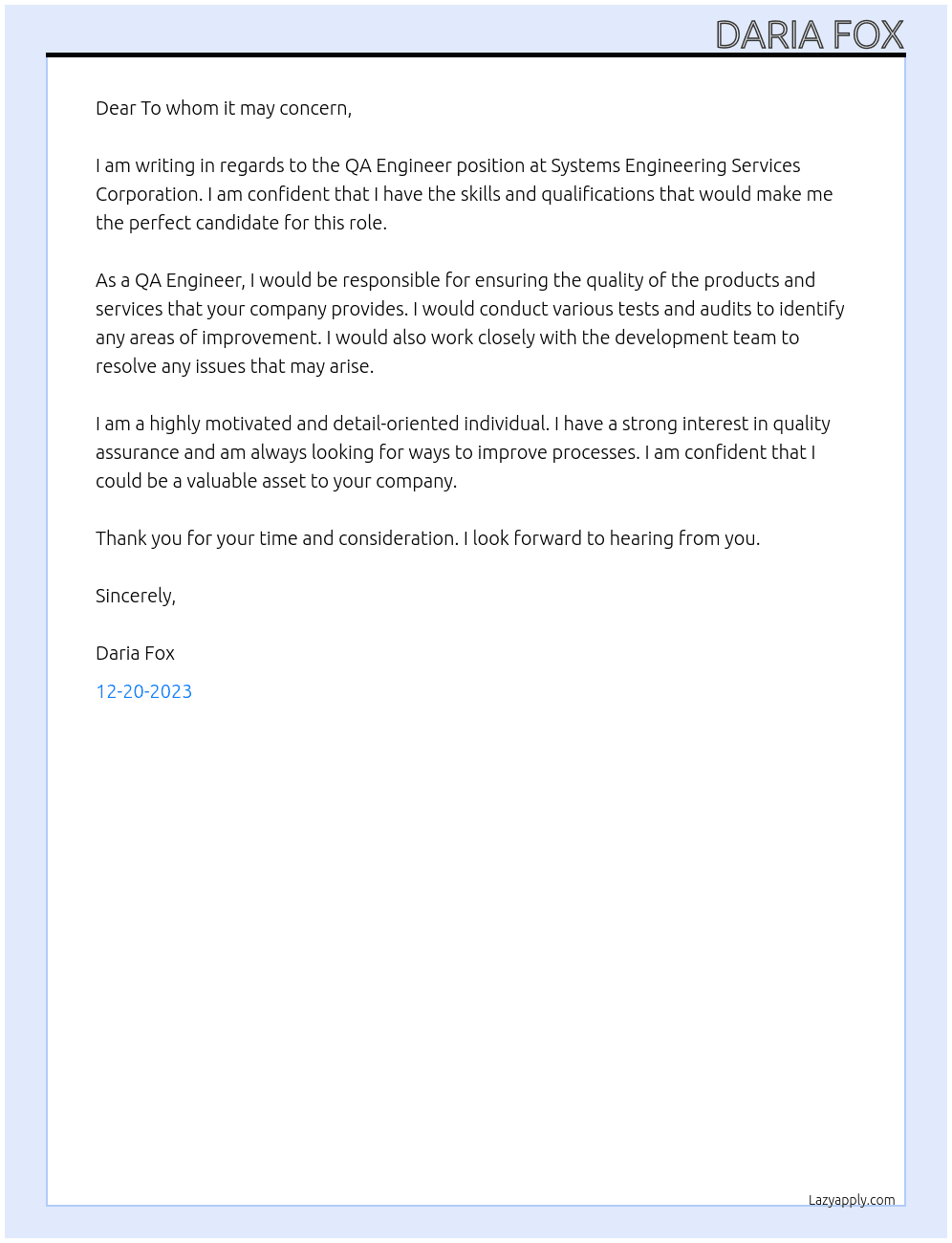 QA Engineer At Systems Engineering Services Corporation Cover Letter