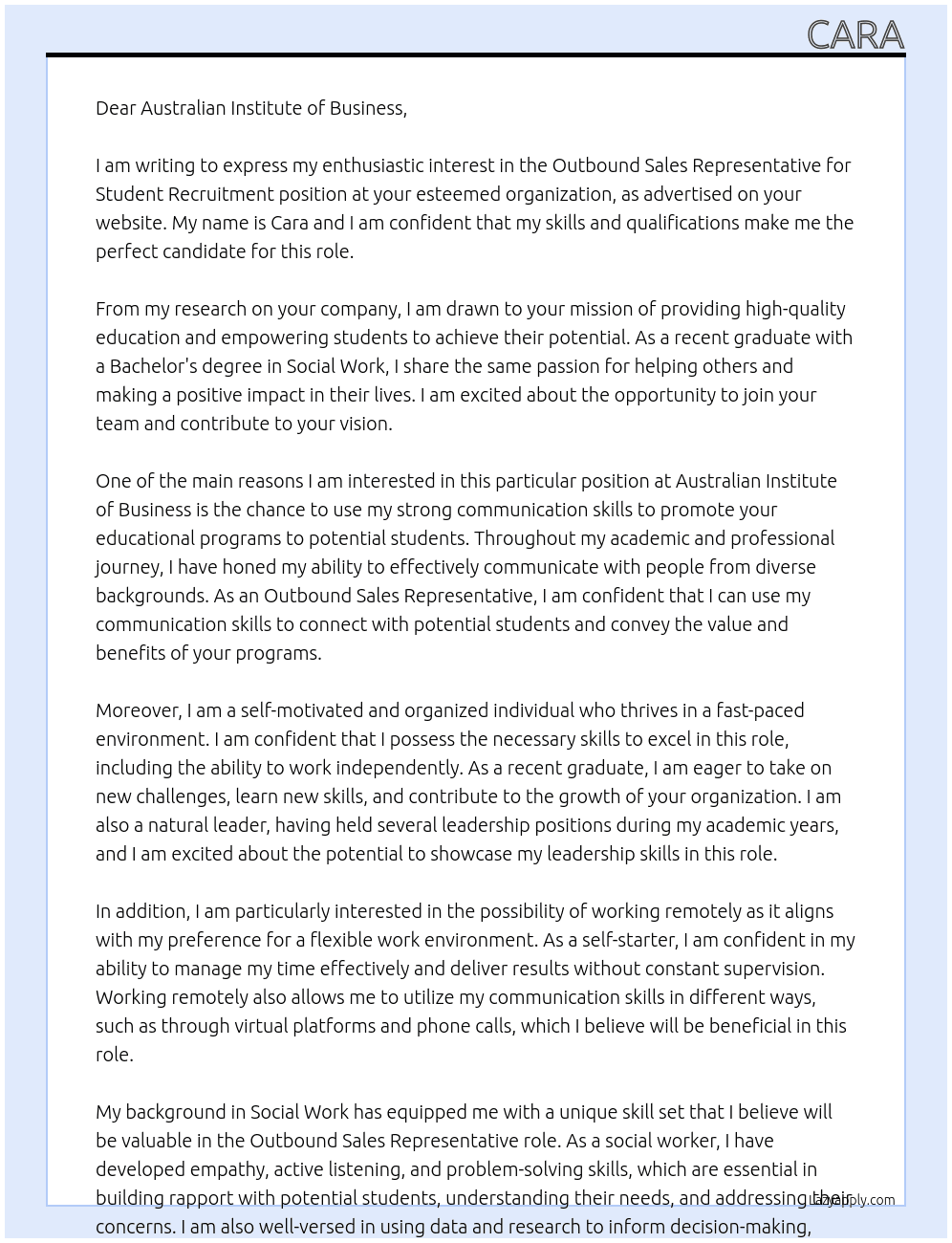 Outbound Sales Representative for Student Recruitment At Australian Institute of Business Cover Letter