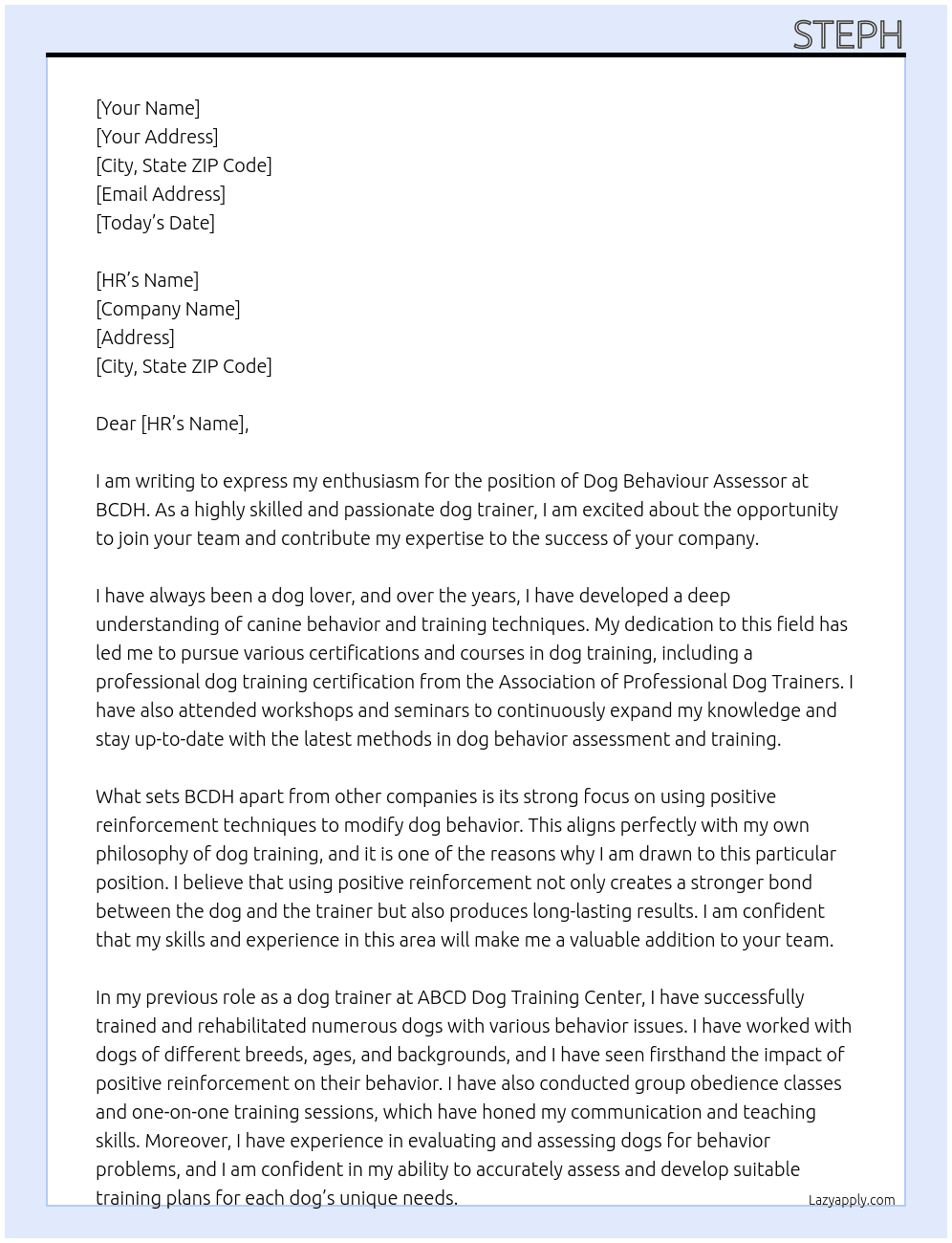 Dog Behaviour Assessor At BCDH Cover Letter