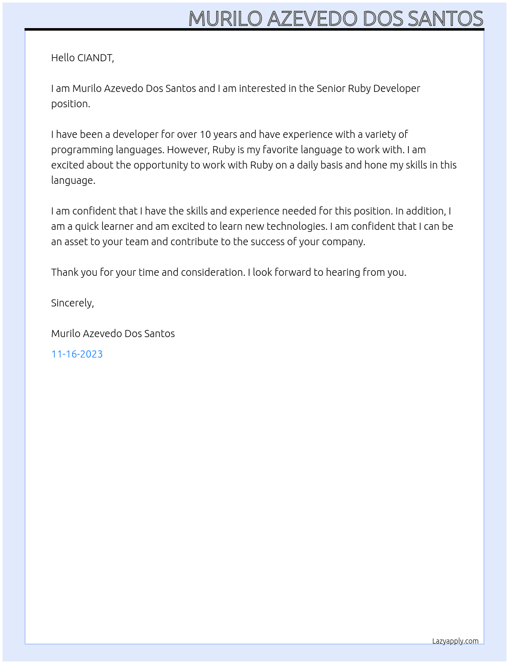 Senior Ruby Developer At CIANDT Cover Letter