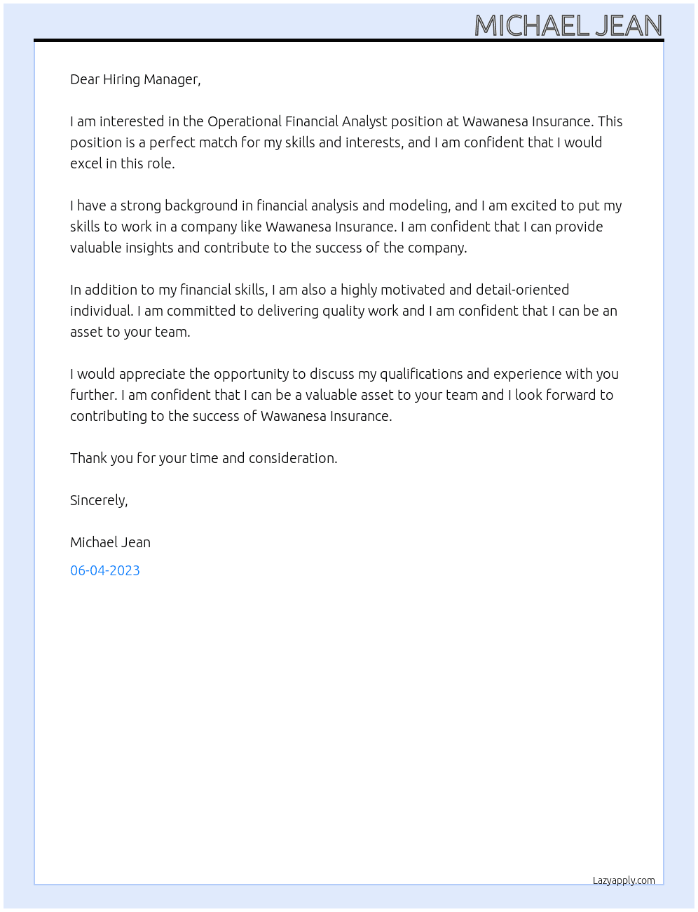 Operational Financial Analyst At Wawanesa Insurance Cover Letter