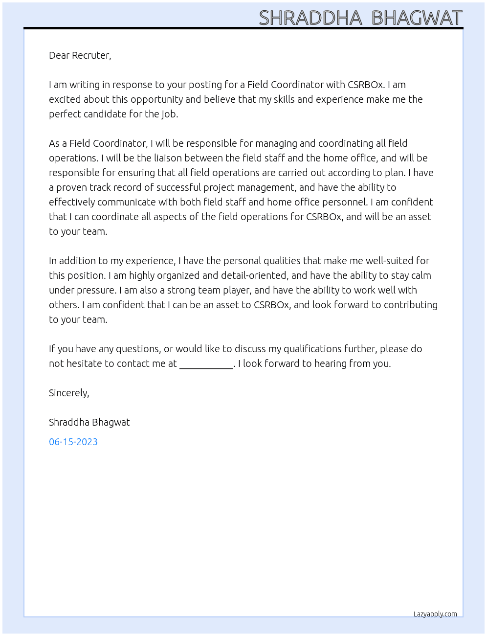 Field Coordinator  At CSRBOx Cover Letter