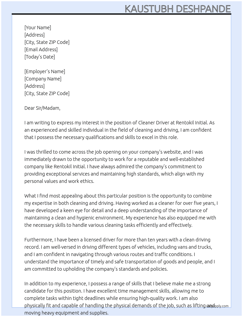 Cleaner Driver At Rentokil Initial Cover Letter