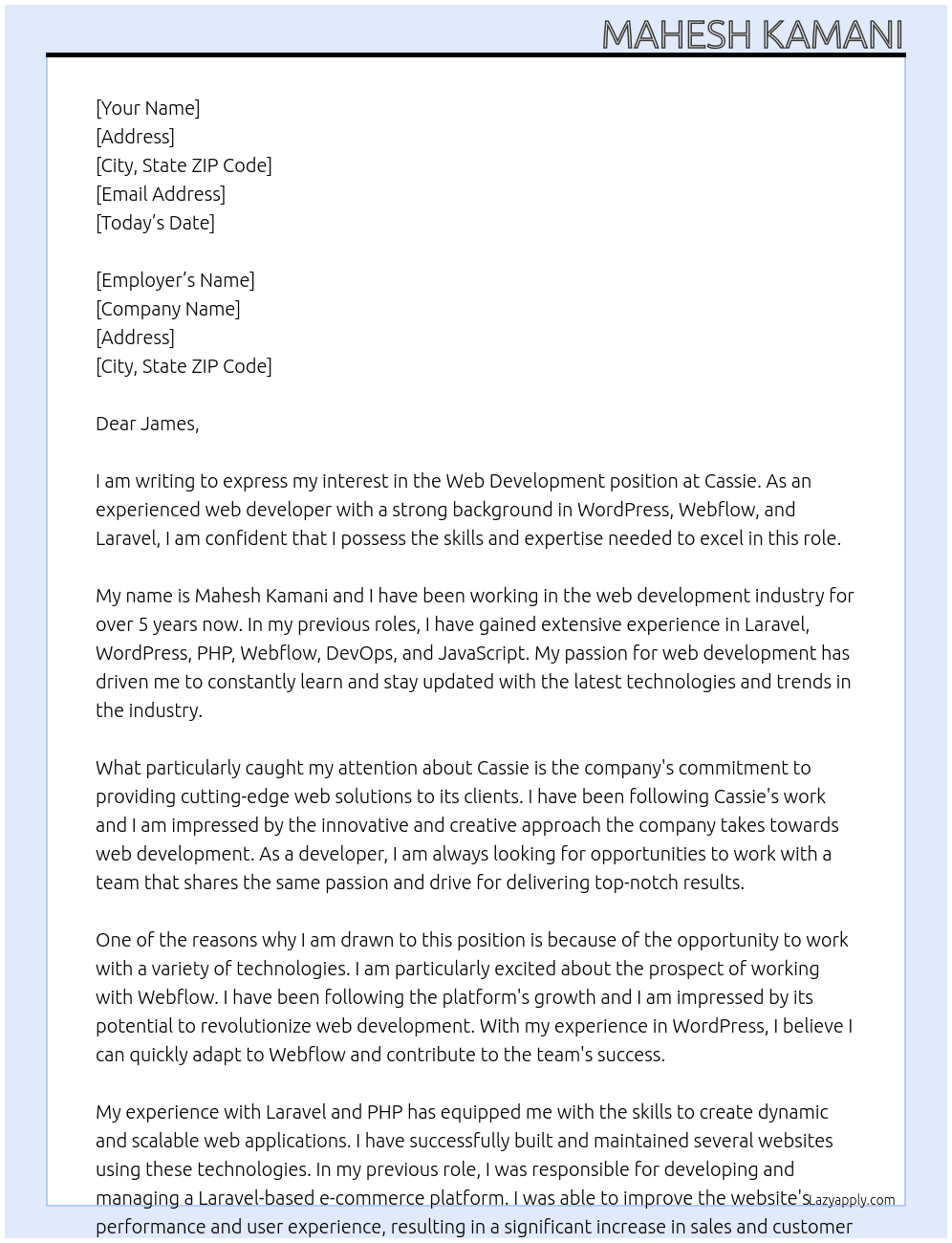 Web Development | WordPress | Webflow | Laravel At Cassie Cover Letter