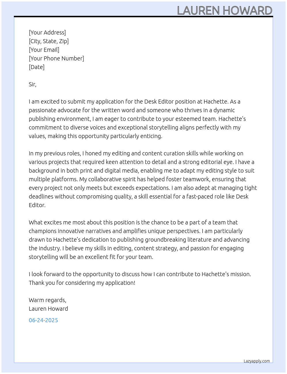 Cover letter for desk editor - LazyApply