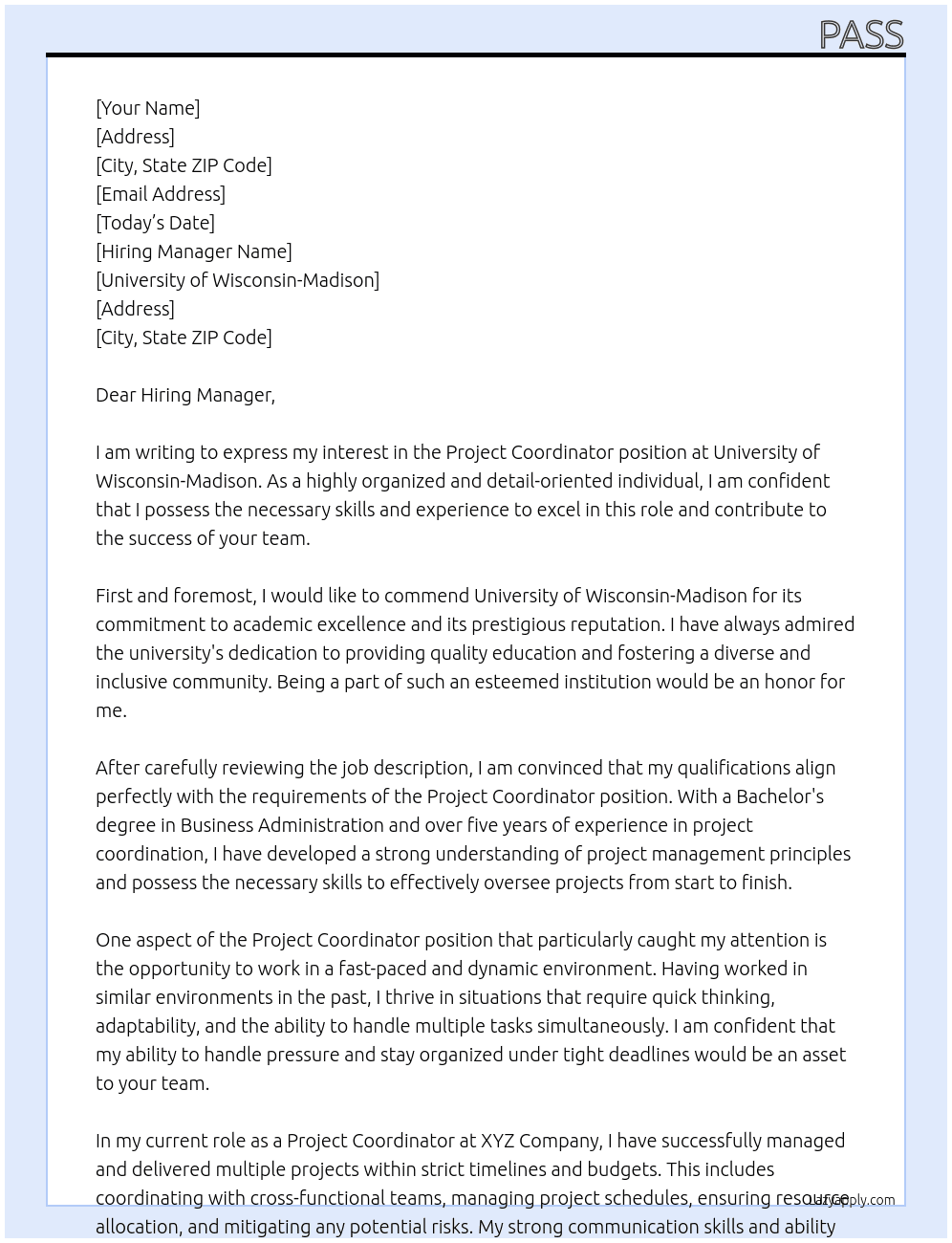 Project Coordinator At University of Wisconsin-Madison Cover Letter