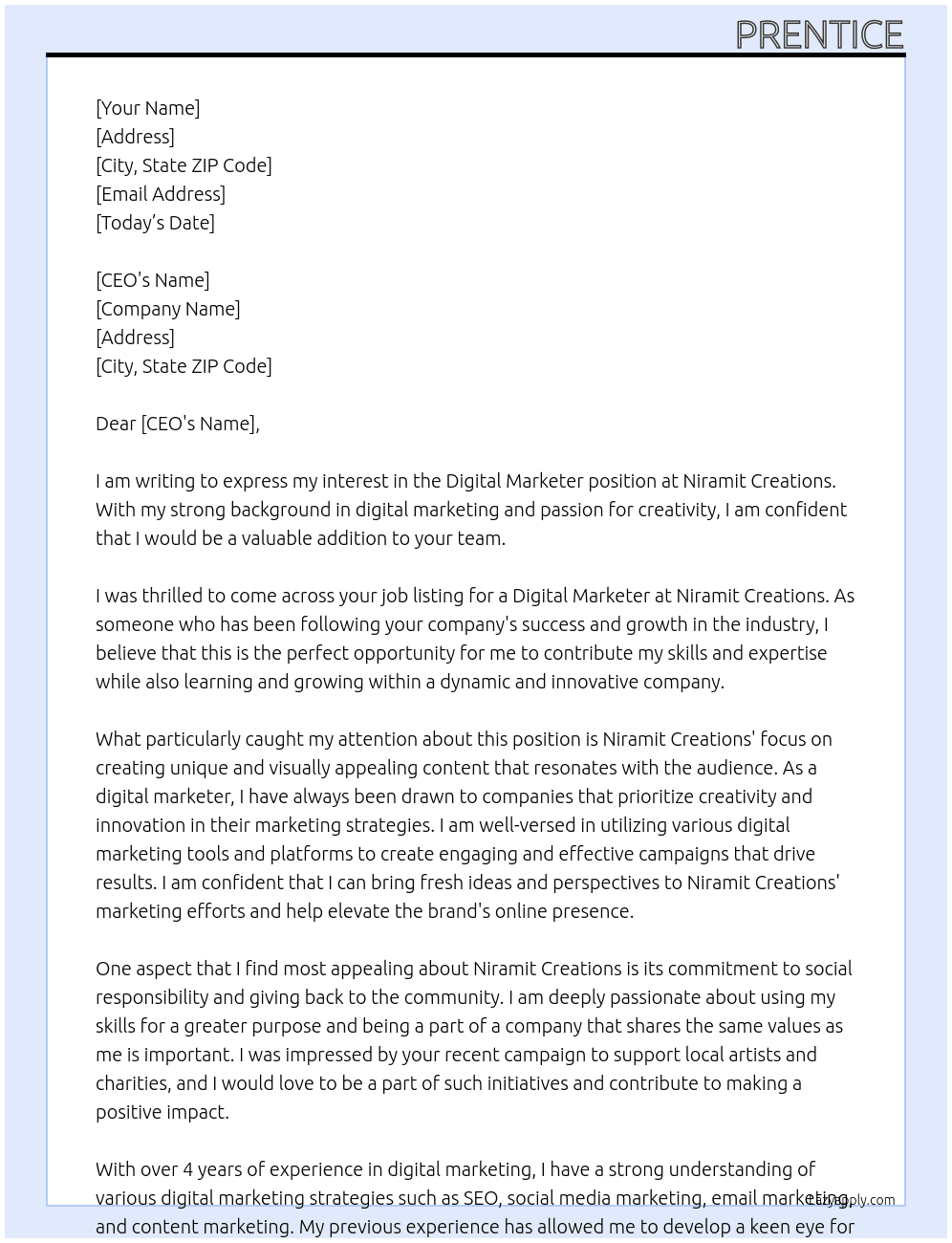 Digital Marketer At Niramit Creations Cover Letter