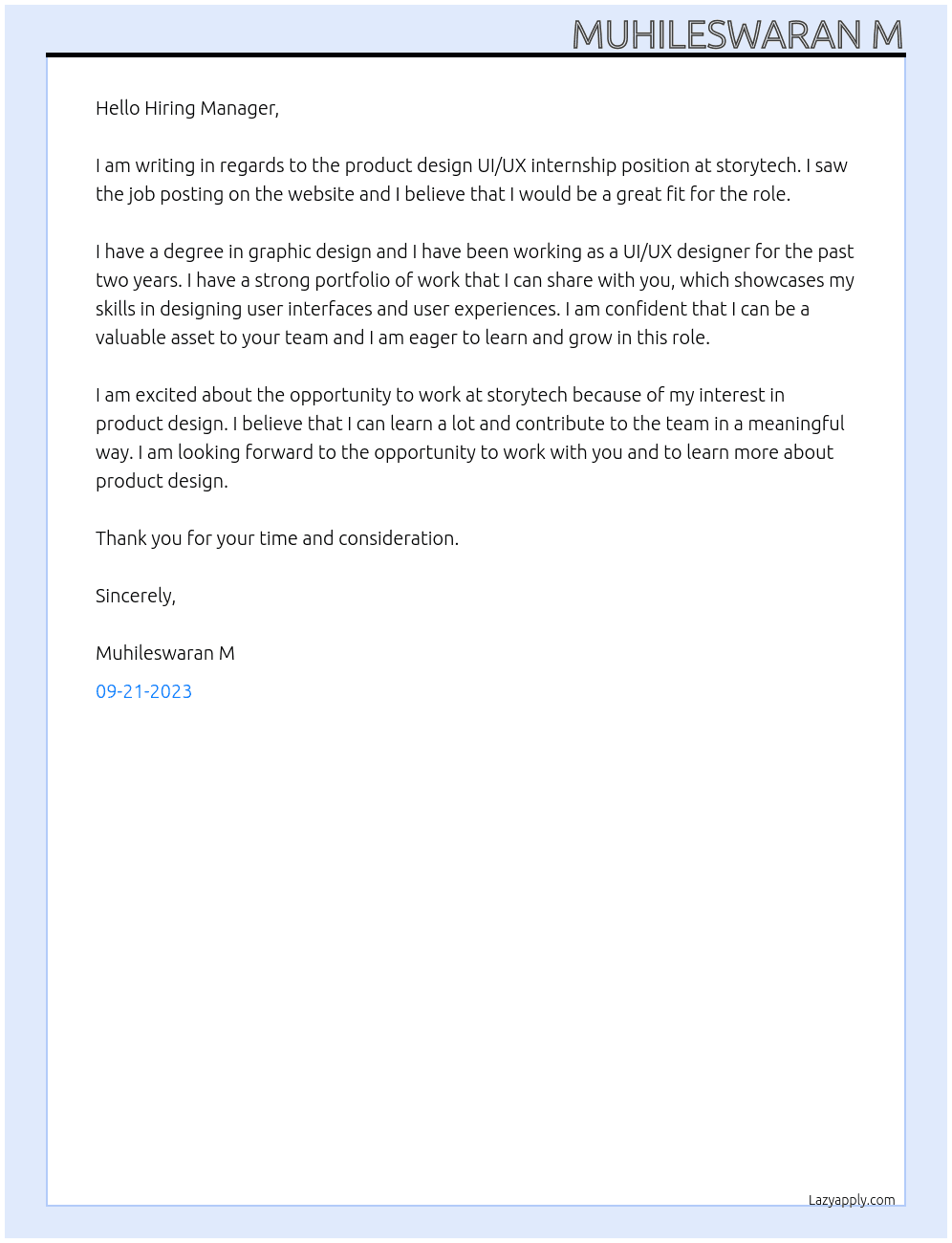 product design UI/UX internship At storytech Cover Letter
