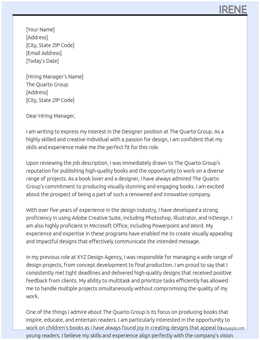 Designer At The Quarto Group Cover Letter