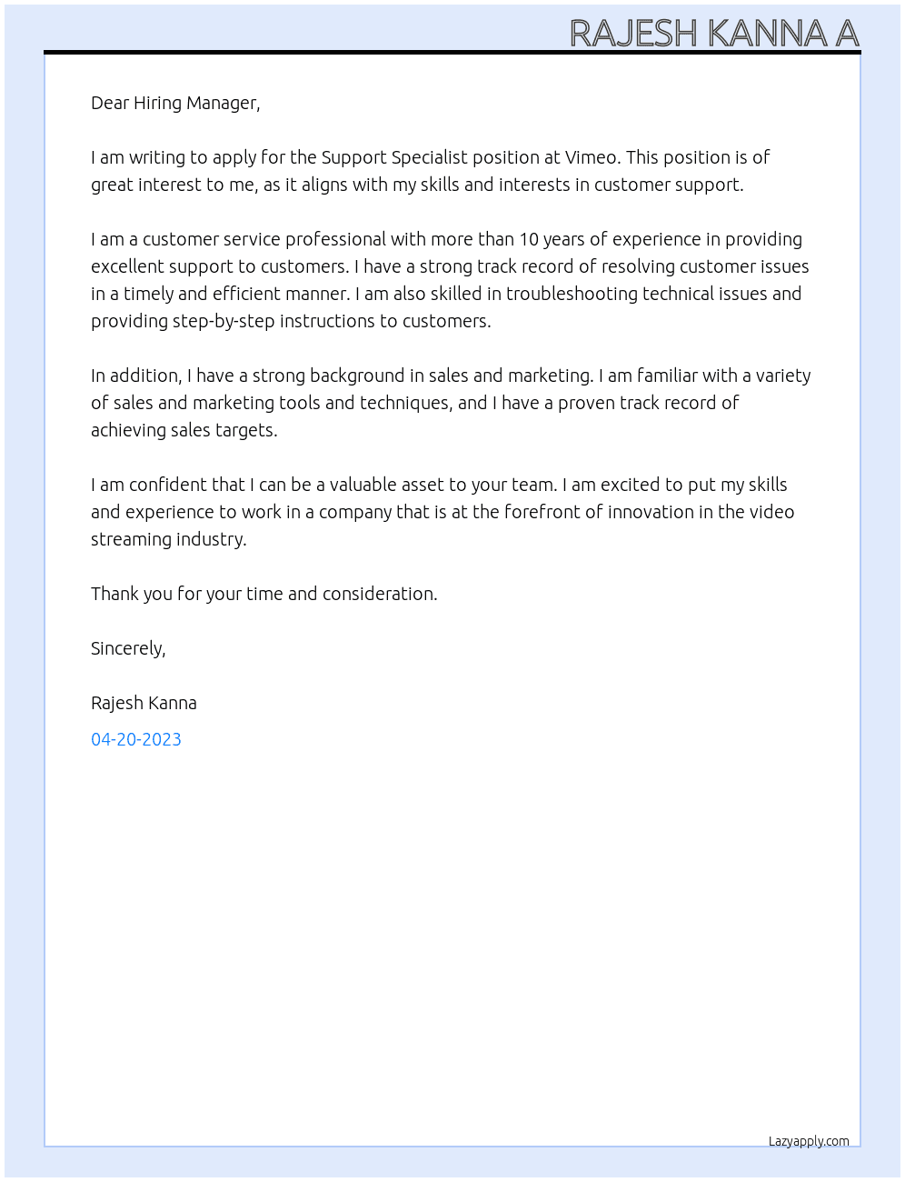 Support Specialist  Customer Support  At Vimeo Cover Letter