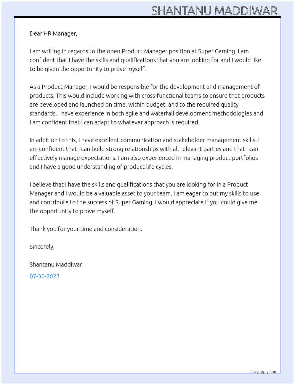 Product Manager  At Super Gaming  Cover Letter