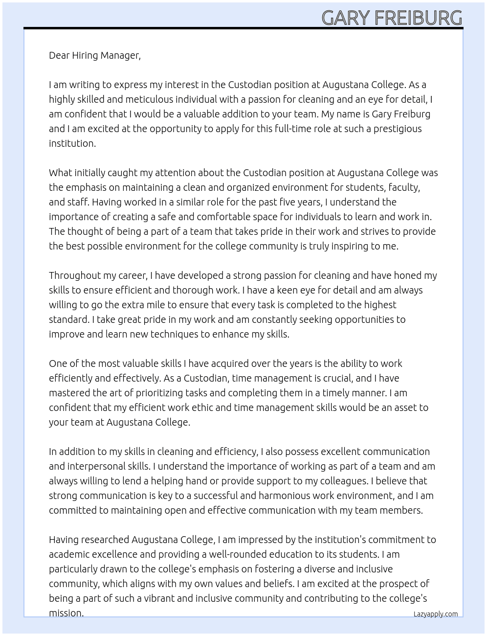 Custodian At Augustana College Cover Letter