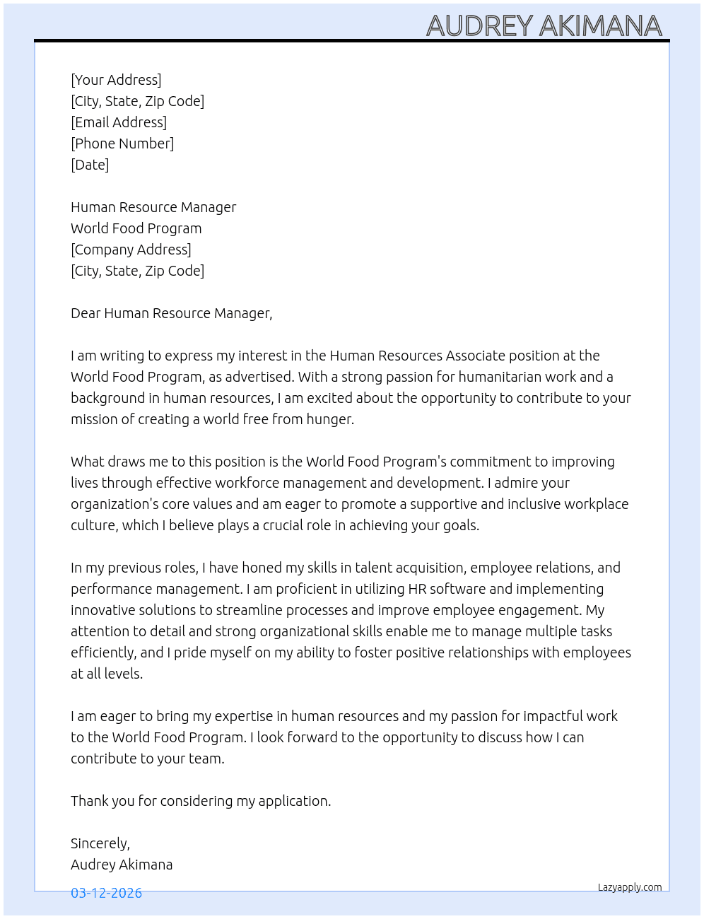 Human Resources Associate  At World Food Program  Cover Letter