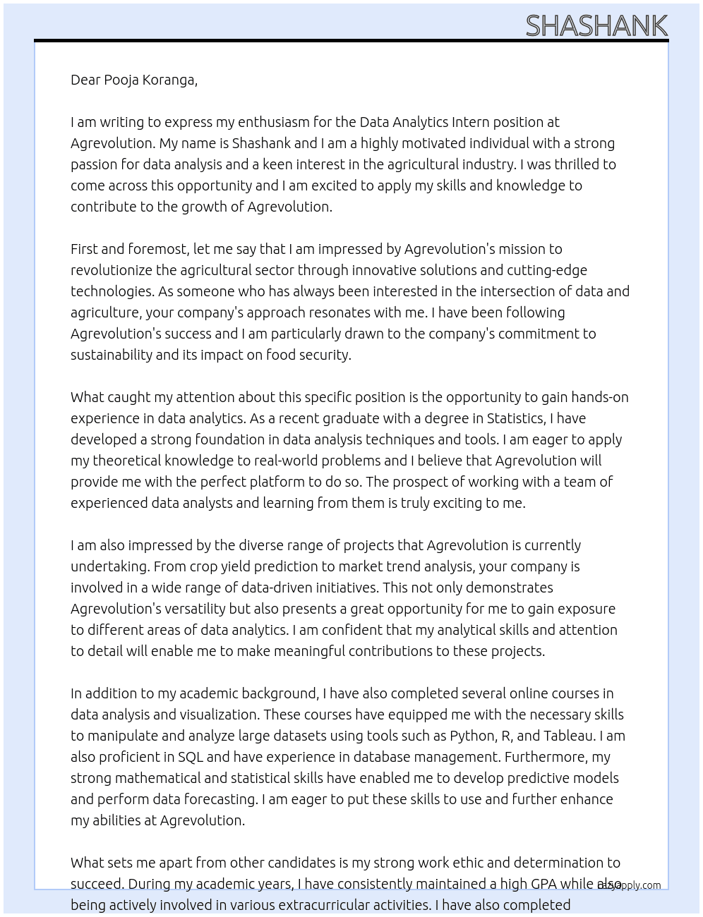 Data Analytics Intern At agrevolution Cover Letter