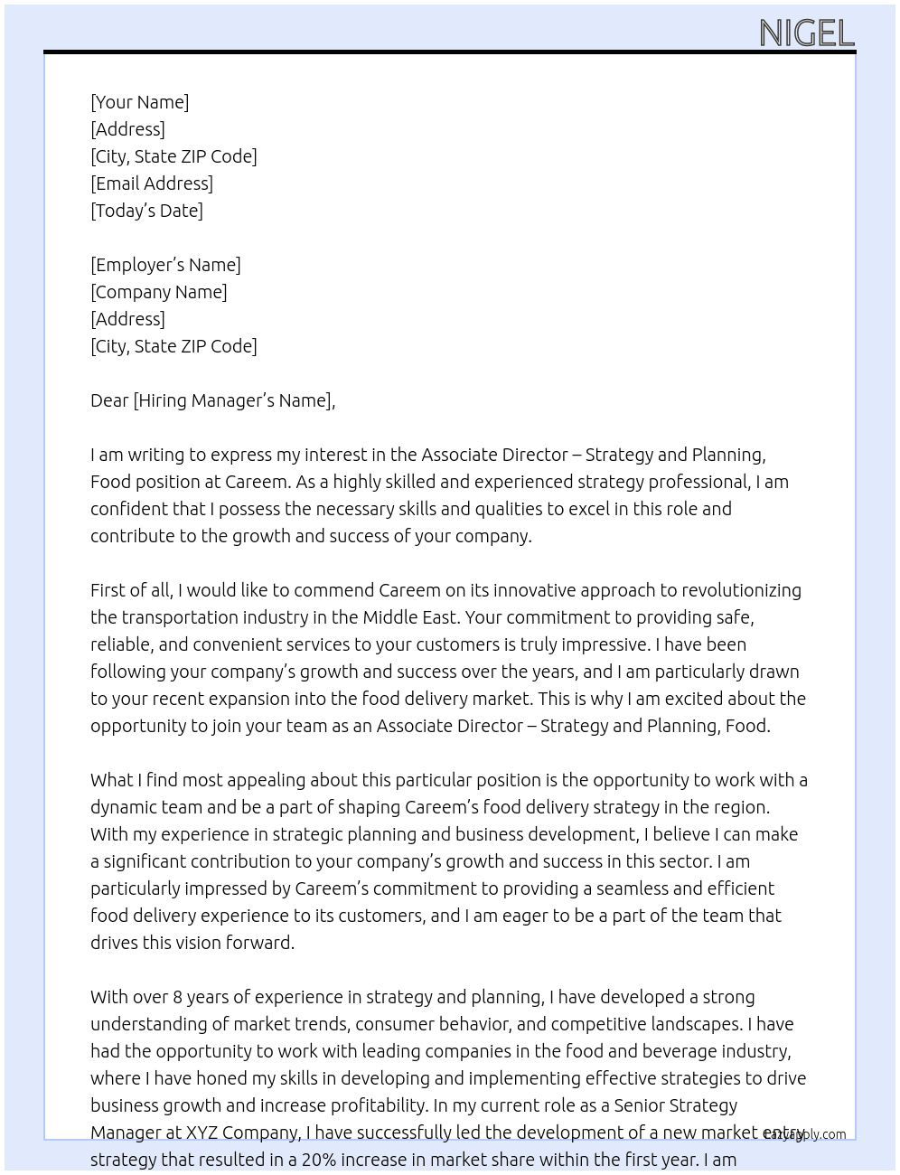 Associate Director - Strategy and Planning, Food At Careem Cover Letter