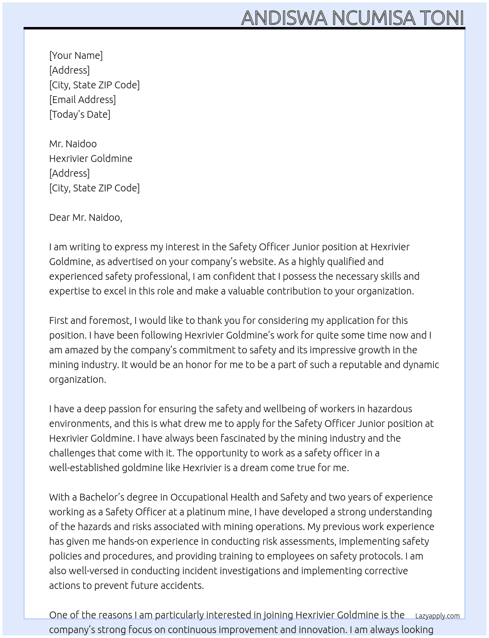 Safety Officer junior At Hexrivier Goldmine Cover Letter