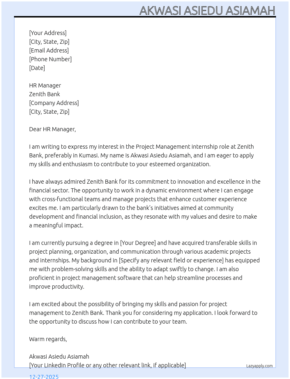 Project management At Zenith bank Cover Letter