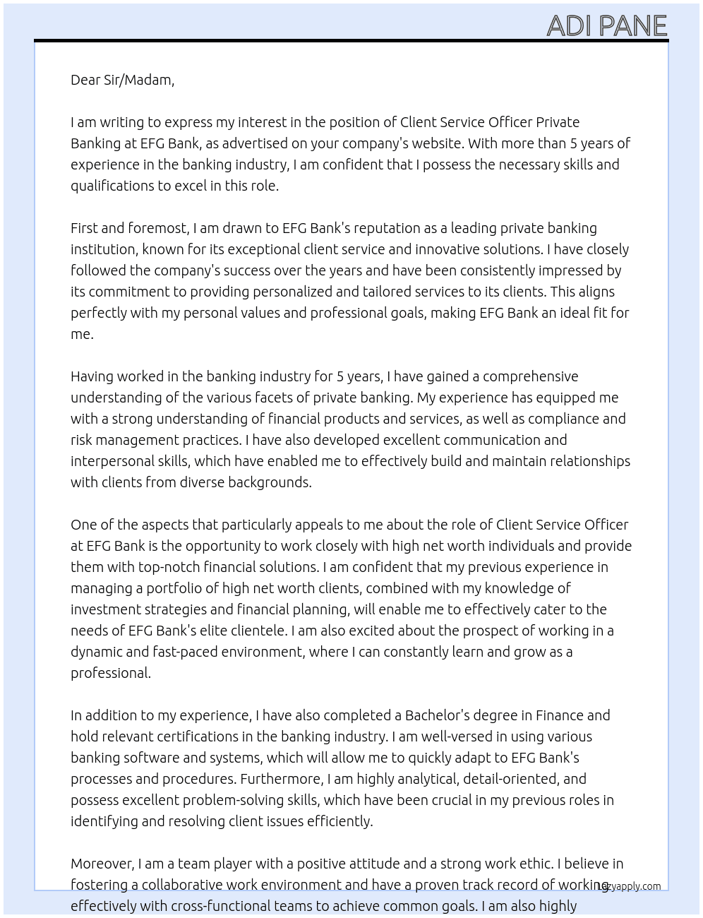 Client Service Officer Private Banking At EFG Bank Cover Letter
