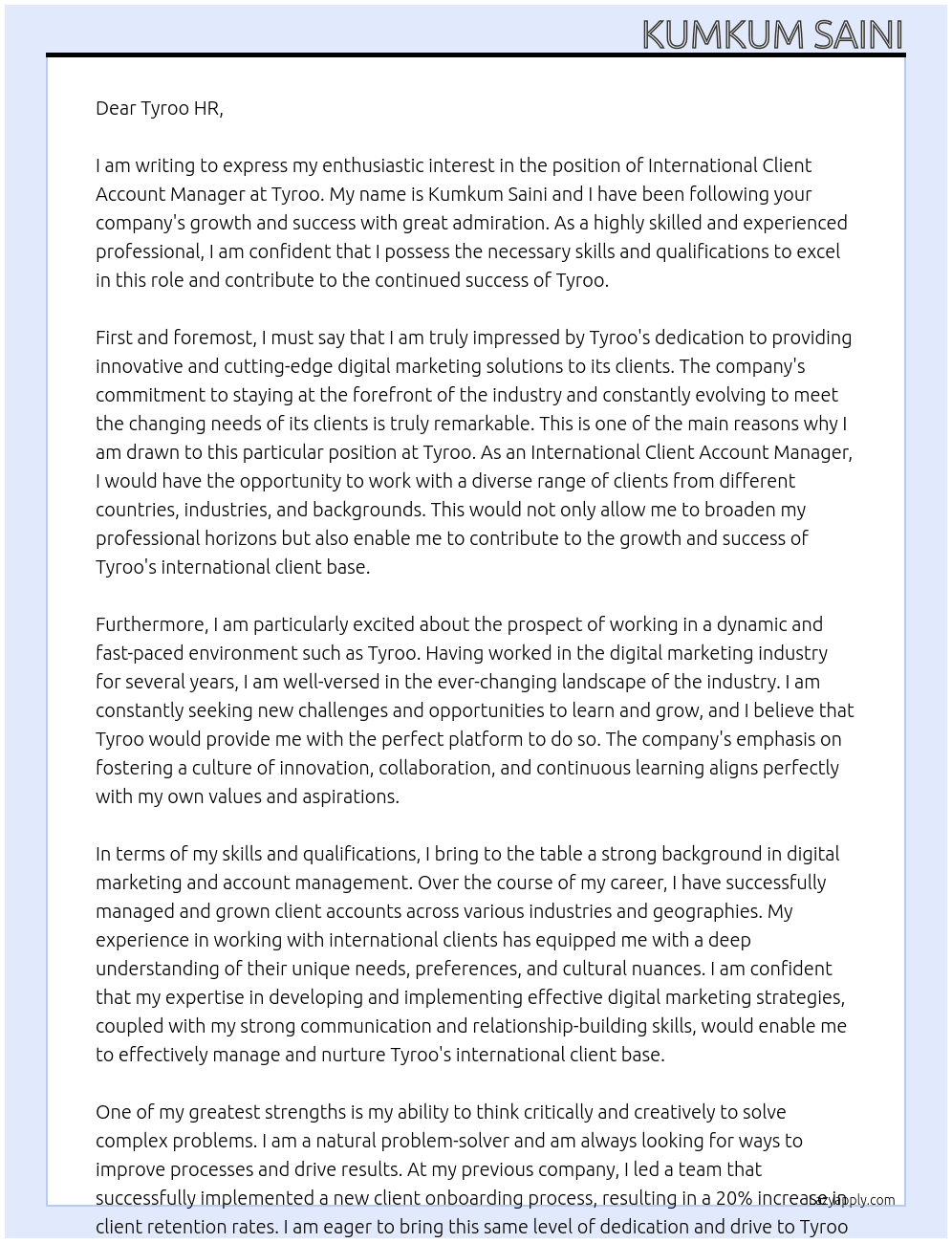 International Client Account Manager At Tyroo Cover Letter