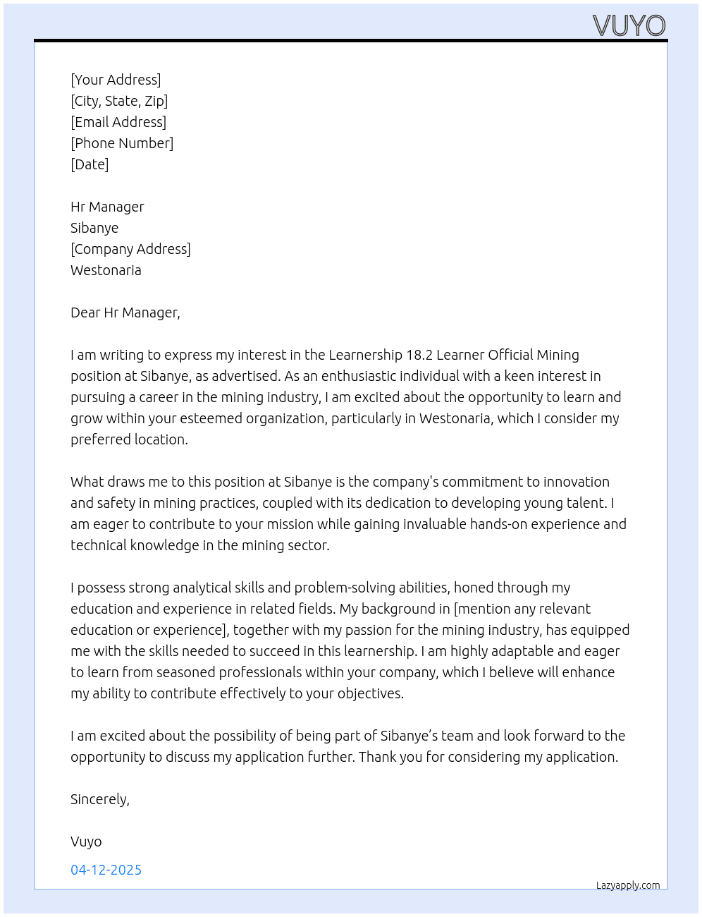 Learnership 18.2 Learner official minning At Sibanye Cover Letter