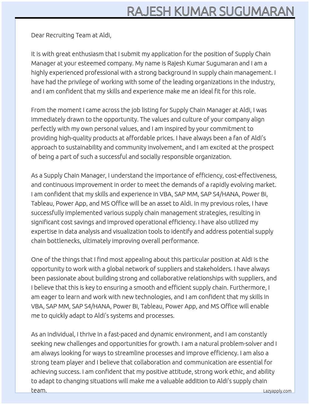 Supply Chain Manager At Aldi  Cover Letter