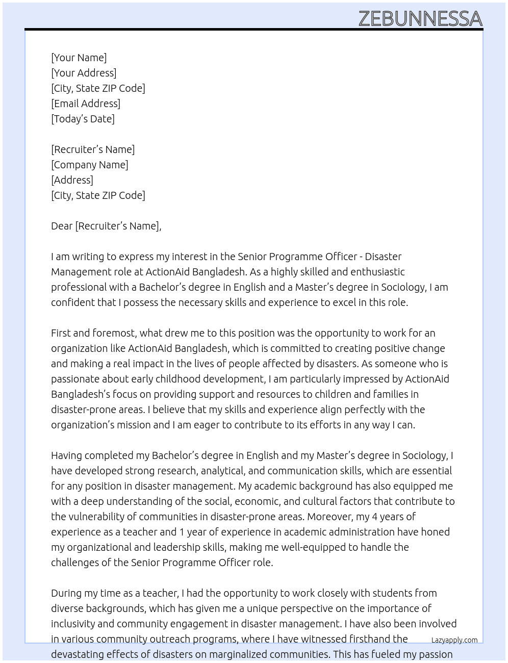 Senior Programme Officer - Disaster Management At ActionAid Bangladesh Cover Letter