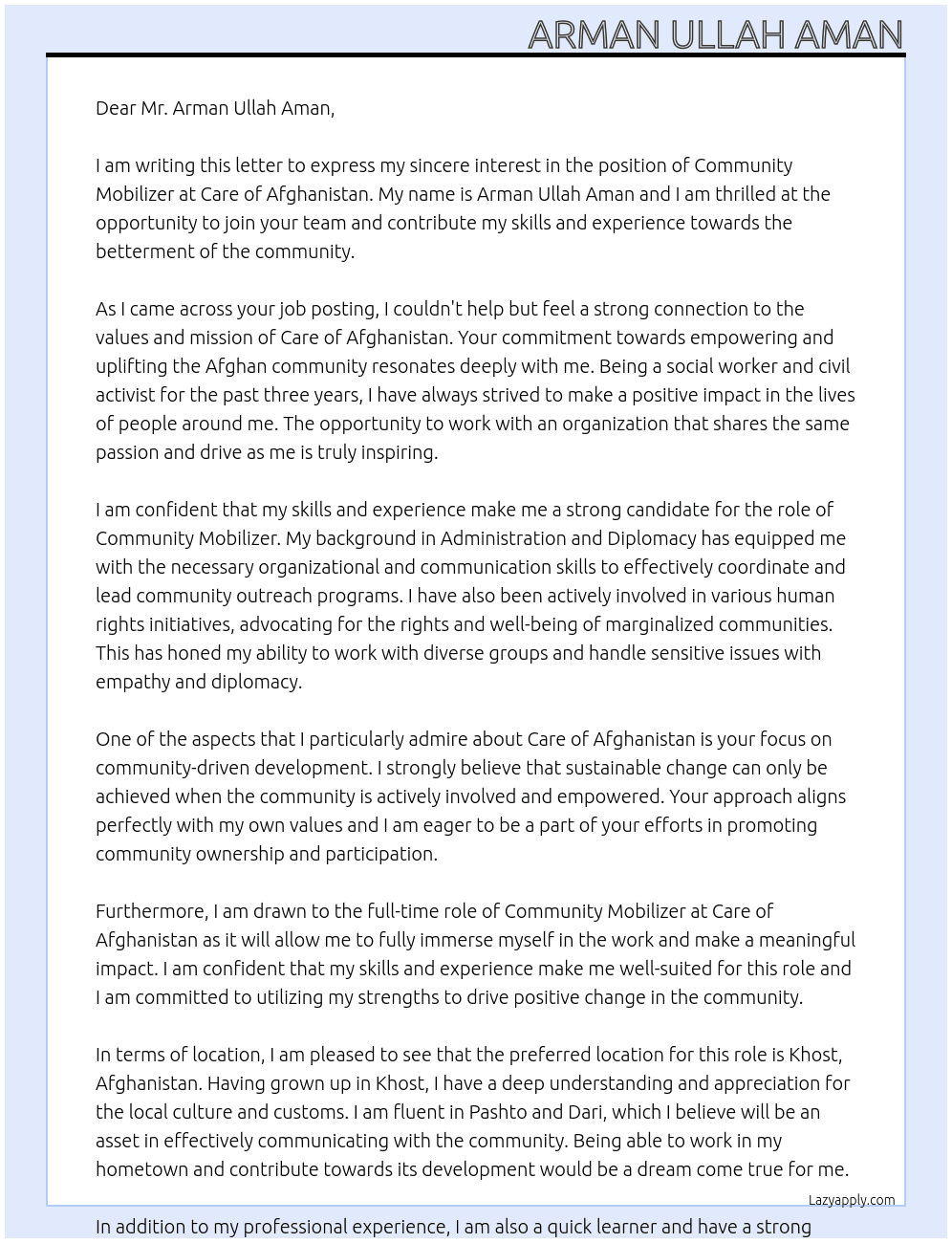 Community mobilizer  At Care of Afghanistan  Cover Letter