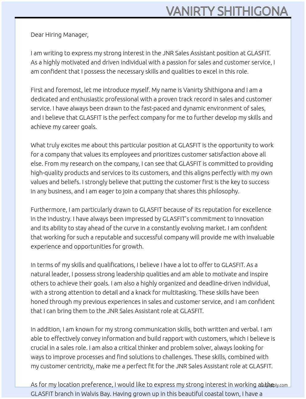 JNR SALES ASSISTANT At GLASFIT Cover Letter