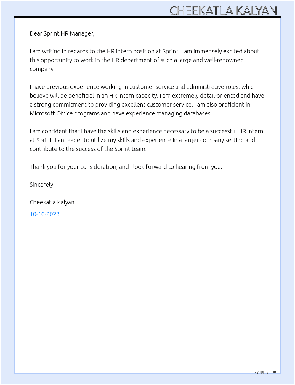 HR intern At Sprint Cover Letter