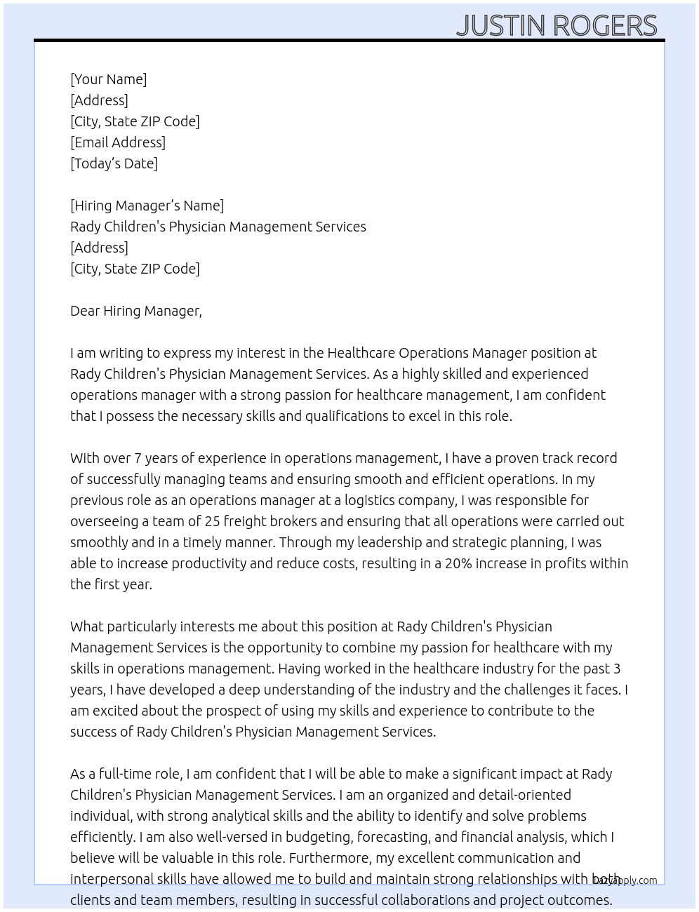 Healthcare Operations Manager - job post At Rady Children's Physician Management Services Cover Letter