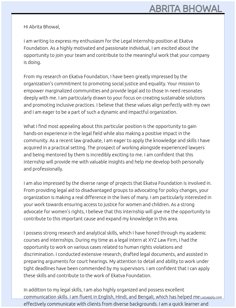 Legal internship  At Ekatva Foundation  Cover Letter