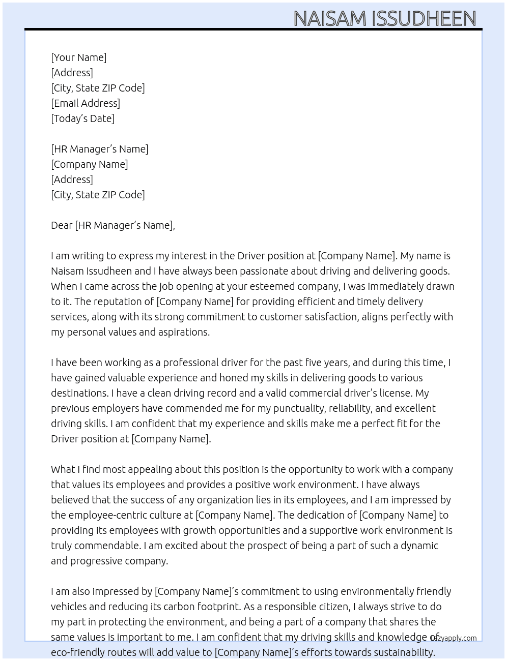Driver  At All Cover Letter