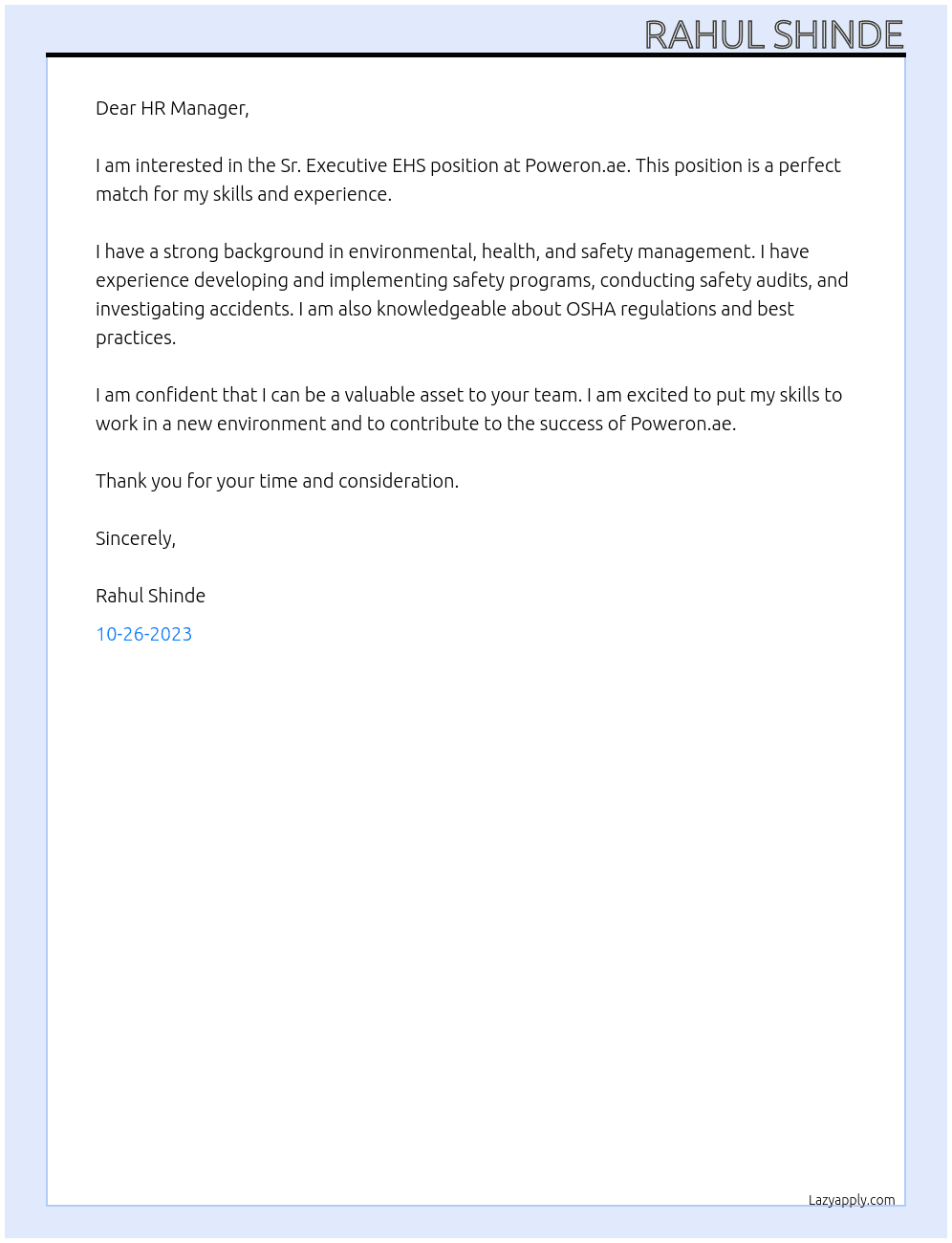 Sr. Executive EHS At Poweron.ae Cover Letter