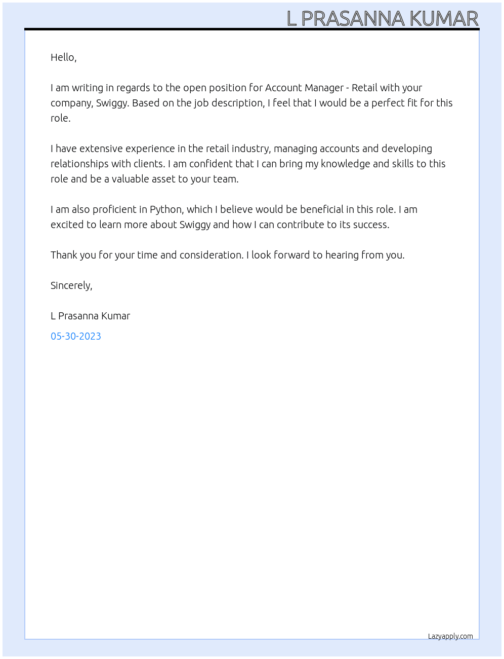 Account Manager - Retail   At Swiggy Cover Letter