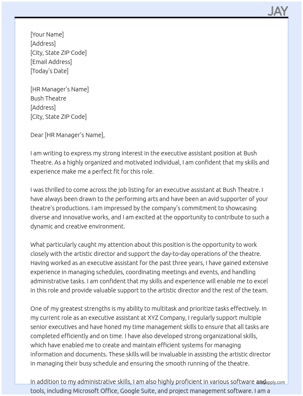 executive assistant At Bush Theatre Cover Letter