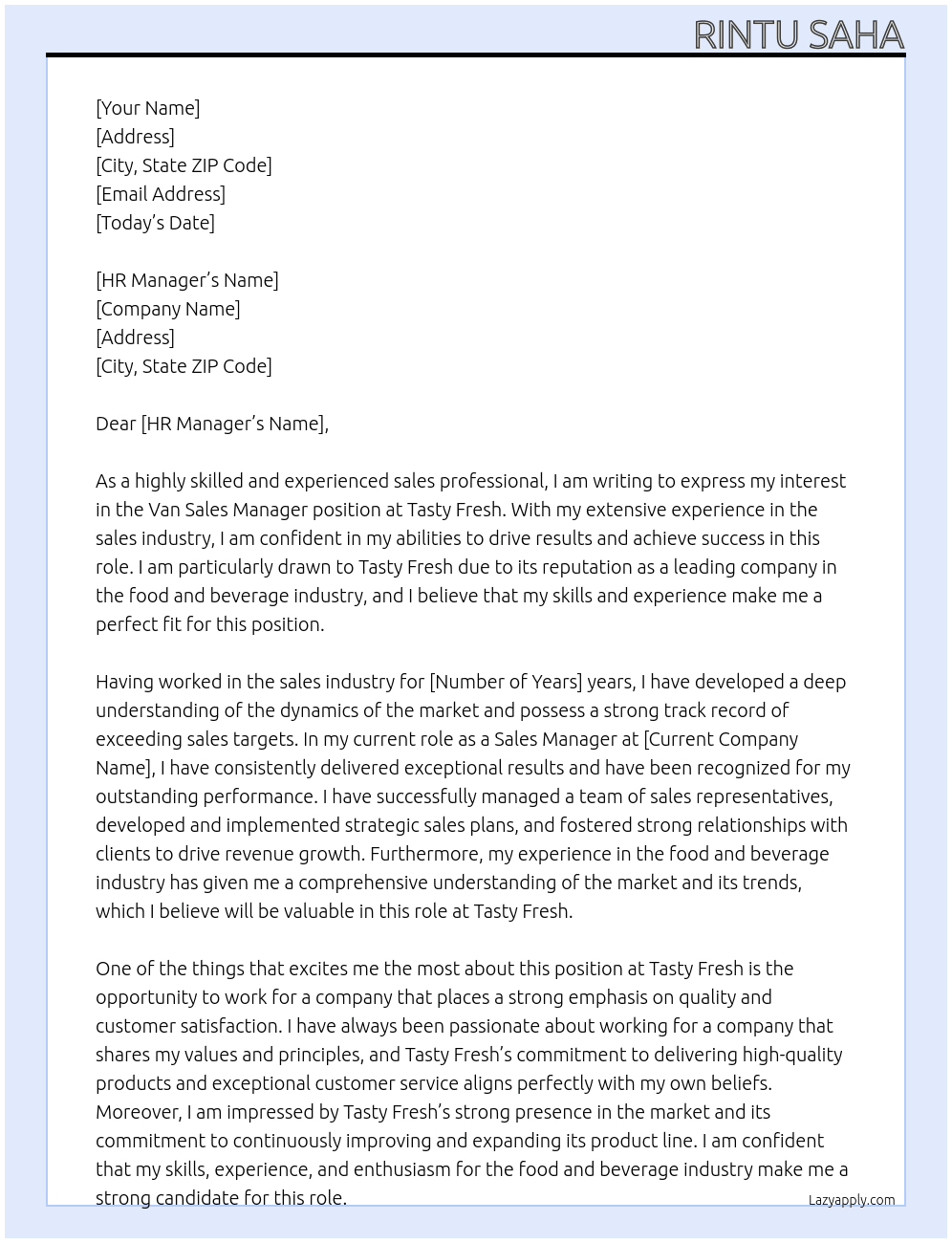 VAN SALES MANAGER At Tasty Fresh Cover Letter