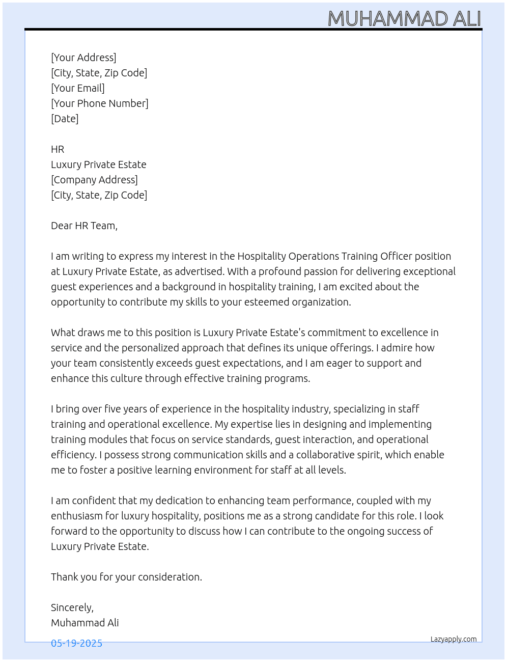 Cover letter for hospitality operations training officer - LazyApply