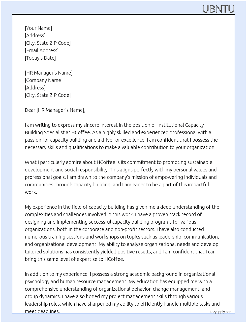 Institutional capacity building specialist At HCoffee Cover Letter