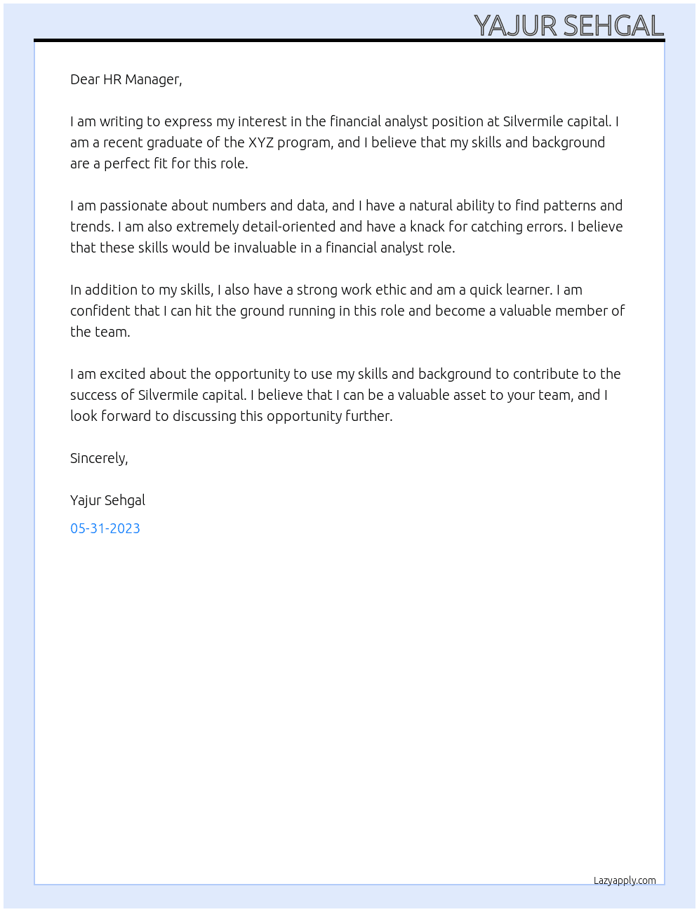 Financial Analyst At Silvermile capital Cover Letter