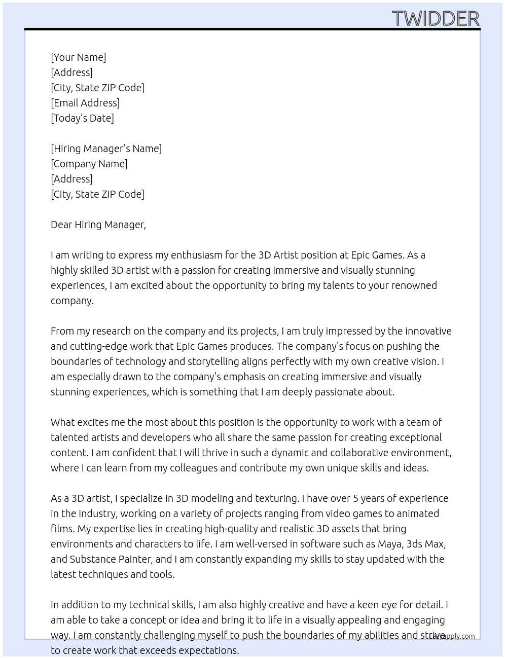 3d artist At epic games Cover Letter