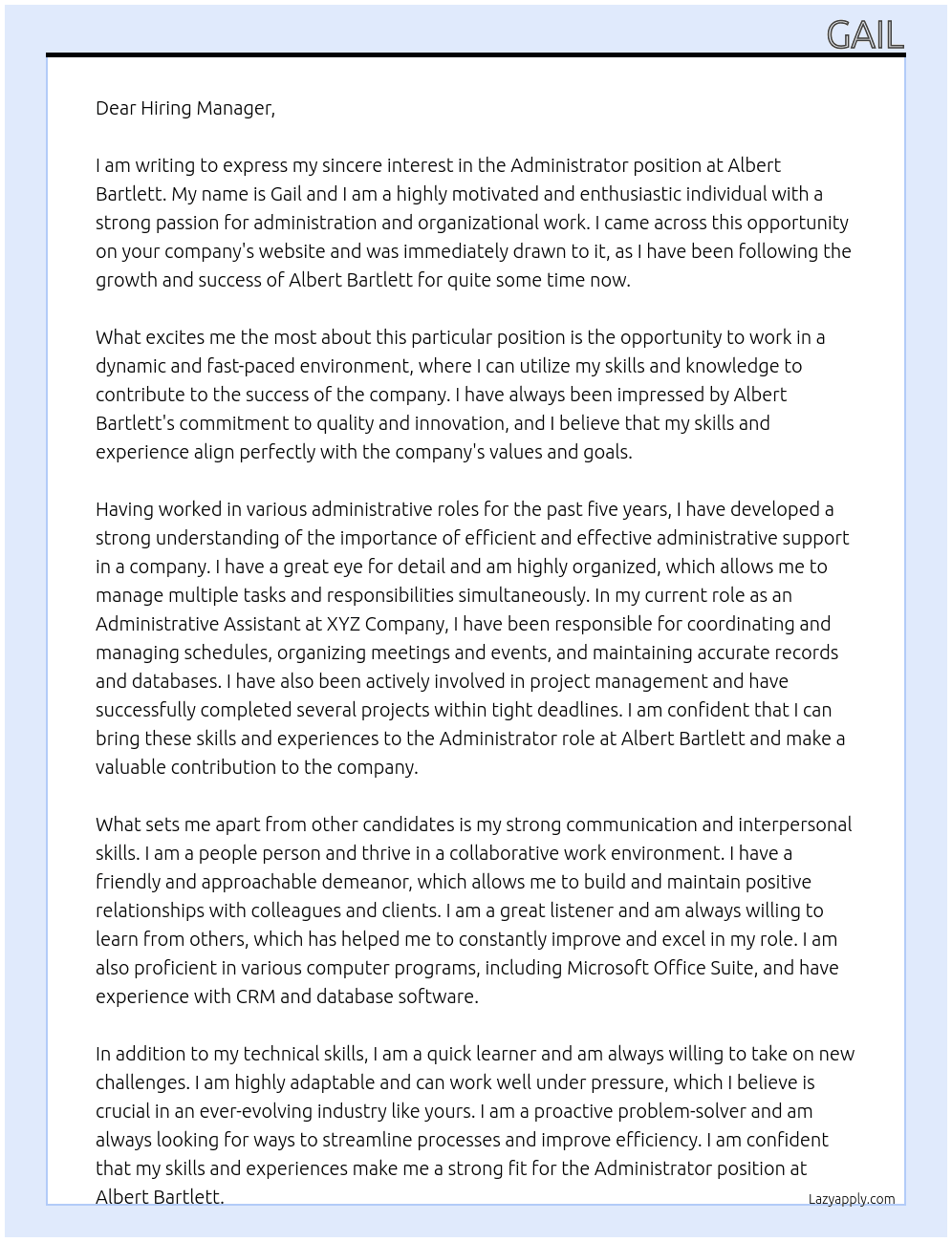 Administrator  At Albert Bartlett  Cover Letter