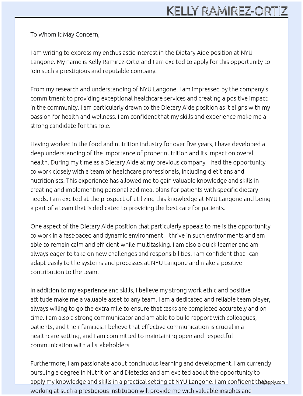 Dietary Aide  At NYU Langone  Cover Letter