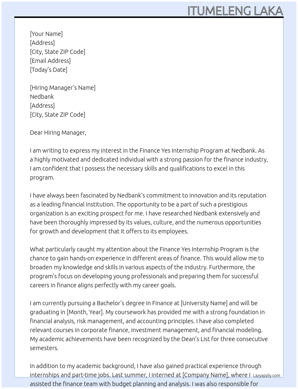 Cover letter for finance yes internship program - LazyApply