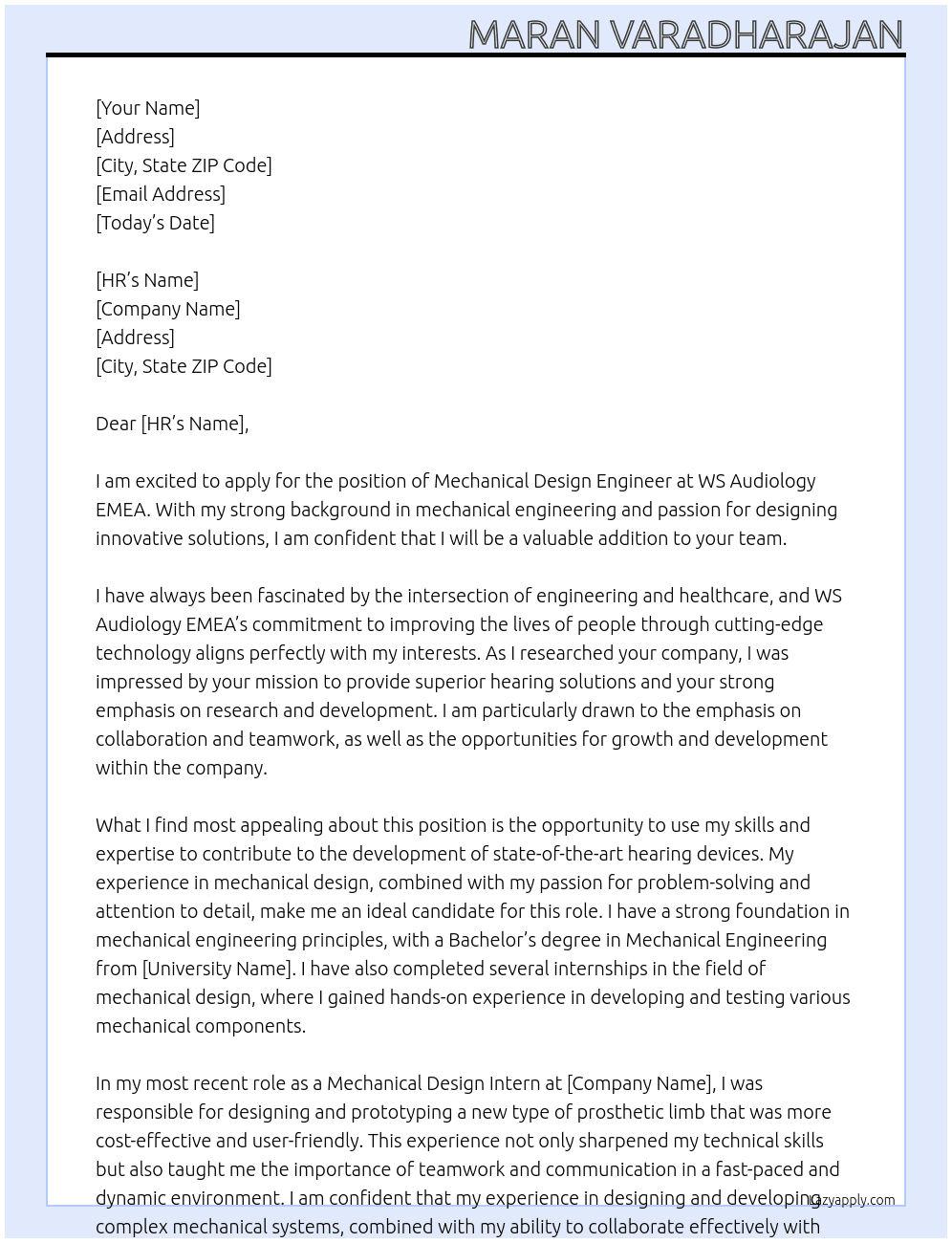 mechanical design engineer At WS Audiology EMEA Cover Letter